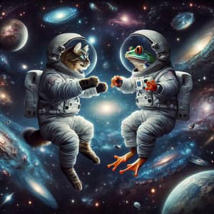 Cat and Frog Playful Battle in Space | Cosmic Interspecies Companionship