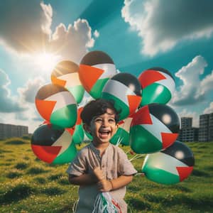 South Asian Boy with Palestine Flag Balloons