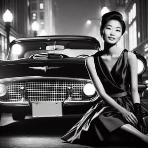 1957 Black and White City Street Scene with a Classic Thunderbird and Elegant Woman in Vintage Dress