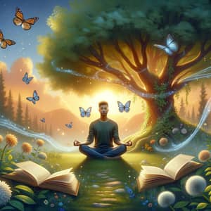 Tranquil Garden with Serene Meditating Person - Cultivation of Inner Happiness