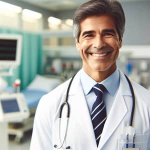 Middle-Aged Man Grinning in Healthcare Setting