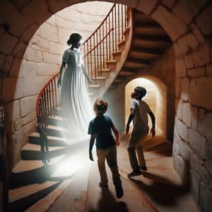 Ethereal Guide Leads Young Boys Up Ancient Lighthouse Staircase
