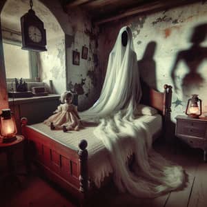 Ethereal Black Ghost on Antique Bed in Haunted Lighthouse Bedroom