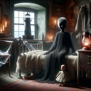 Haunting Scene: Black Phantom in Lighthouse Bedroom with Antique Doll