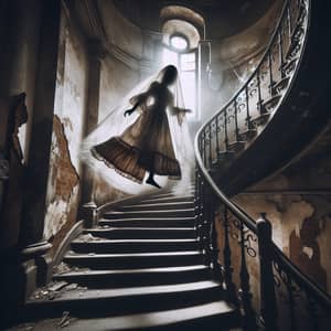 Eerie Ghost Girl Ascending Spiraling Stairwell