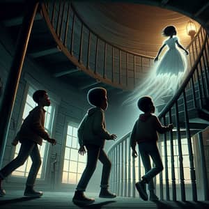 Spectral Girl Leads Boys in Lighthouse at Night