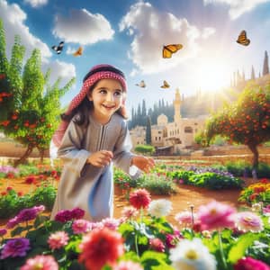 Young Arab Girl Playing in Colorful Garden | Middle-Eastern Village Scene