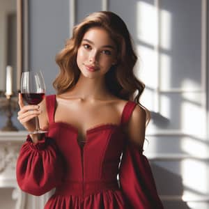 Elegant Woman in Red Corset Enjoying Wine