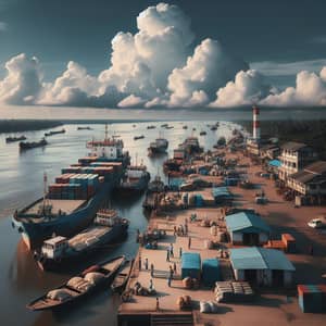 Tranquil River Port with Cargo Boats and Lighthouse