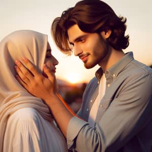 Young Kurdish Man Showing Affection to Wife at Sunset