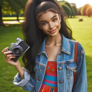 Stylish Teenage Girl in Denim Jacket with Vintage Camera