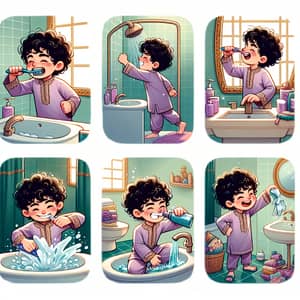 Detailed Illustrations of a Middle Eastern Boy's Daily Hygiene Routine