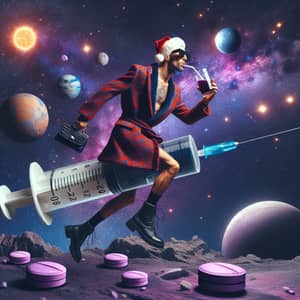 Surreal Slim Santa Flying on Giant Syringe with Planets and Comets