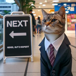 Professional Cat Standing Vigilantly at Shopping Center with 'Next' Sign