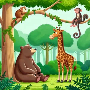 Enchanting Forest Scene with Bear, Giraffe, Monkey, and Squirrel