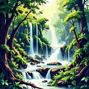 Mystical Forest with Hidden Waterfall | Dreamy Watercolor Art