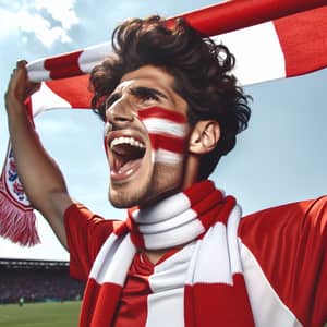 Passionate Middle-Eastern Football Supporter in Red and White Jersey