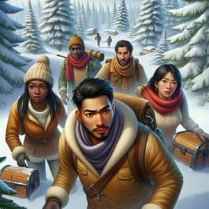 Winter Quest Game Scene with Diverse Group Searching for Keys