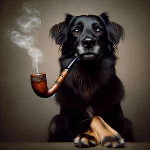 Expressive Black Dog Holding a Wooden Pipe | Unique Image