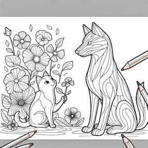 Cartoon Style Line Art Image of Cat and Dog with Flowers