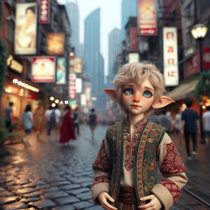 Young Elf in Ancient Clothes in Modern City