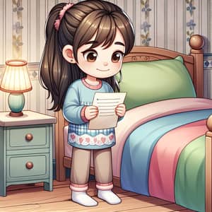 Young Asian Girl Reading Note by Colorful Bed - Cartoon Style