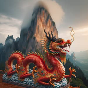 Majestic Red and Gold Dragon Resting at the Foot of a Towering Mountain