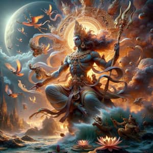 Detailed Representation of Virabhadra: Mythical Deity on Cosmic Battlefield