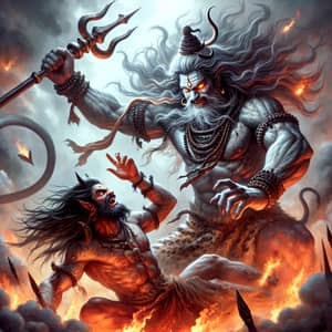 Epic Depiction of Lord Shiva in Fierce Battle with Demon Tripura Sura