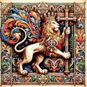 Majestic Demi-Rampant Lion Holding Cross Crosslet | Historical Heraldry Design