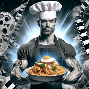 Muscular Caucasian Male Chef with Egg-topped Pasta on Movie-themed Background