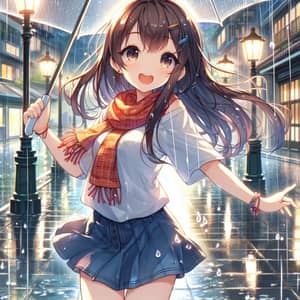 Cheerful Anime Girl Dancing in the Rain with Short Scarf