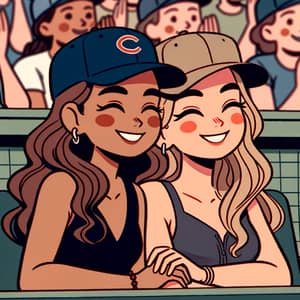Pixar-Style Cartoon of Two Happy Women at Baseball Game