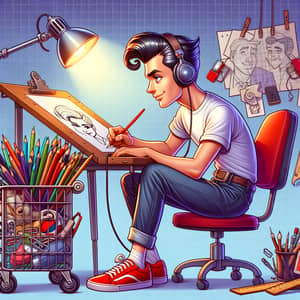 Illustration of a Cartoonist at Drawing Table | Artistic Environment