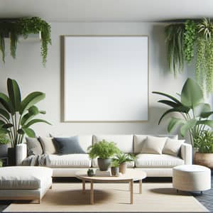 Authentic Living Room with Houseplants and White Square Poster
