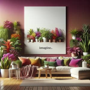 Cozy Living Room with Vibrant Houseplants & Mindfulness Poster