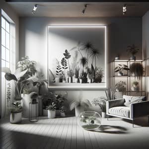 Modern Eclectic Living Room with Houseplants and White Square Poster