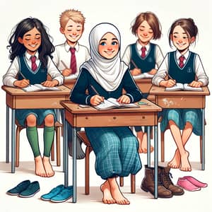 Eccentric Middle-Eastern girl in school uniform studying with friends