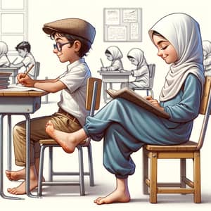 Middle-Eastern School Kids Study Comfortably Barefoot