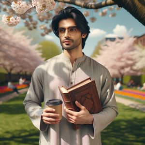Tranquil South Asian Man Reading Book Under Cherry Blossom Tree