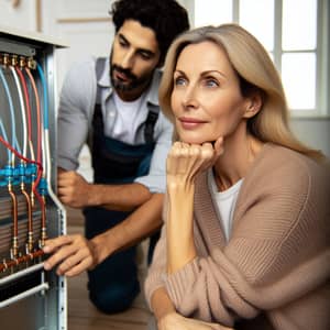Intrigued Middle-Aged Woman Watching South Asian Heating System Installer