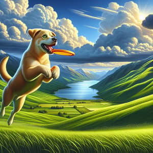 Tranquil Landscape: Playful Dog Catching Frisbee Amid Green Hills