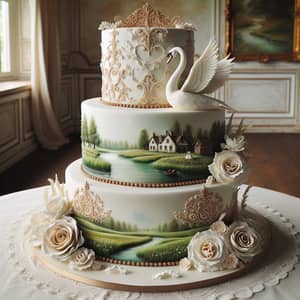 Elegant Three-Tiered Wedding Cake with Artistic Illustrations