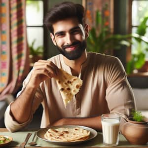 South Asian Man Enjoying Roti Meal | Traditional Dining Experience