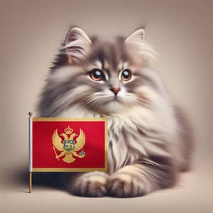 Fluffy Siberian Cat Holding Montenegro Flag