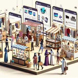 Virtual Global Marketplace: Diverse Vendors Showcasing Goods Online