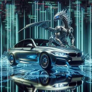 Silver Cyborg Dragon Protecting Silver BMW 320i in Cyberspace