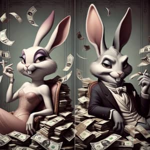 Elegant & Witty Anthropomorphic Rabbits Surrounded by Currency