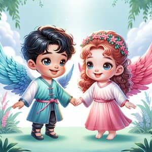 Serene Depiction of Asian Boy and Morena Girl with Angelic Wings