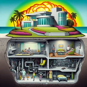 Devastated Grey Island with Intact Villa & Atomic Bomb | Illustrated Scene